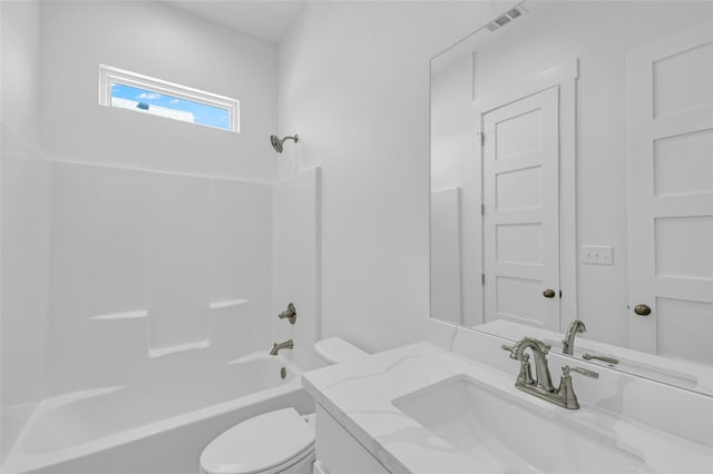 full bathroom with toilet, shower / washtub combination, visible vents, and vanity