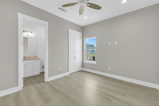 unfurnished bedroom featuring recessed lighting, baseboards, visible vents, and light wood finished floors