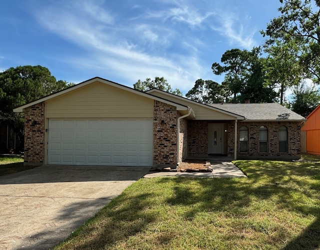 ranch-style house with a garage, driveway, brick siding, and a front yard