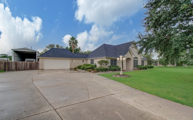 view of front of home with a garage and a front lawn