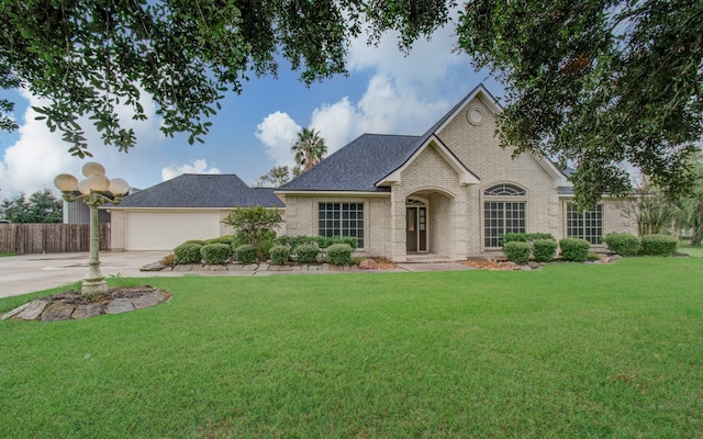 view of front of property featuring a garage and a front lawn