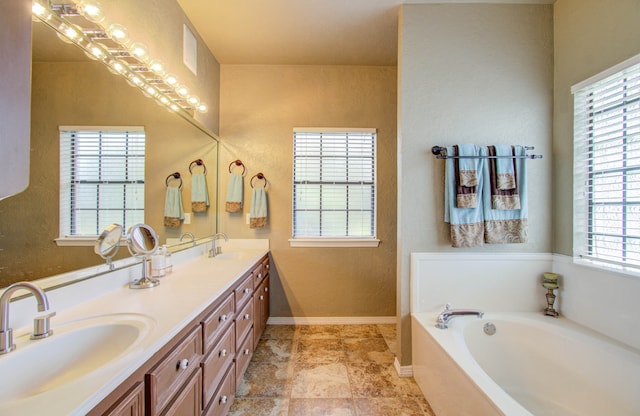 bathroom featuring a bathtub, vanity, and plenty of natural light