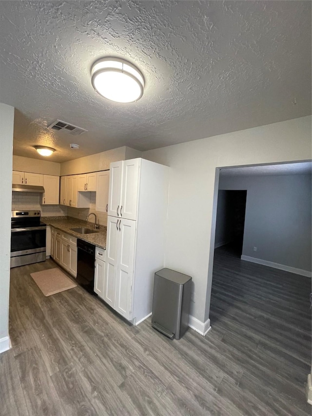 kitchen featuring dishwasher, white cabinetry, dark hardwood / wood-style flooring, electric stove, and sink