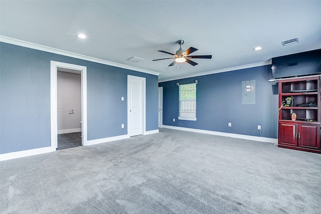 interior space featuring ceiling fan, electric panel, ornamental molding, and carpet