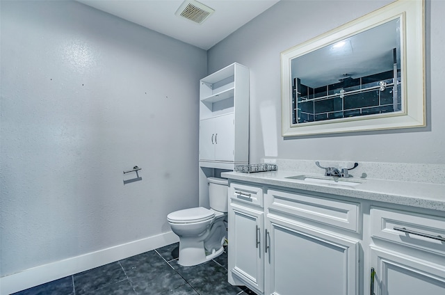 bathroom with vanity, toilet, and tile patterned floors