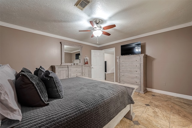 bedroom featuring ceiling fan, ornamental molding, and a textured ceiling