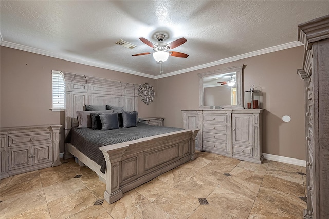 bedroom featuring ceiling fan, crown molding, and a textured ceiling