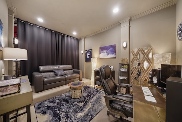 carpeted home office featuring decorative columns and ornamental molding