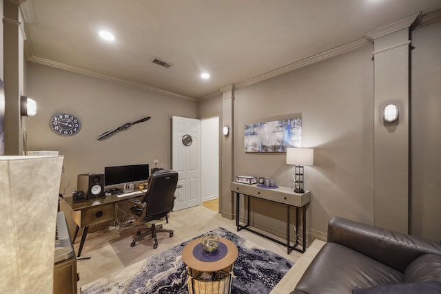 carpeted home office with ornate columns and ornamental molding