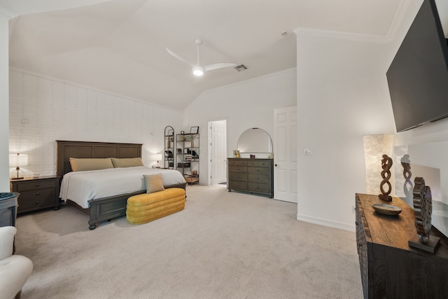 carpeted bedroom featuring ceiling fan and crown molding