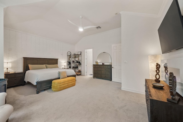 bedroom featuring visible vents, a ceiling fan, light colored carpet, ornamental molding, and high vaulted ceiling