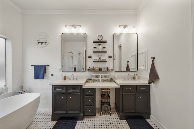 bathroom with vanity, tile patterned flooring, and tile walls