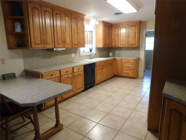 kitchen featuring light tile patterned floors, dishwasher, backsplash, open shelves, and a sink