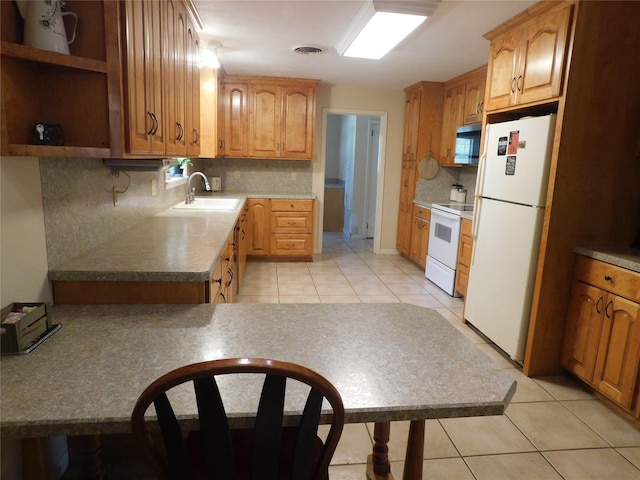 kitchen with white appliances, a sink, visible vents, backsplash, and open shelves