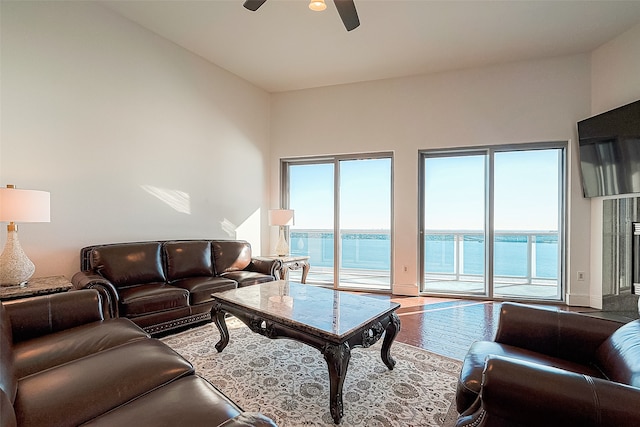 living room with ceiling fan, a healthy amount of sunlight, and wood-type flooring