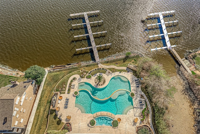 bird's eye view with a water view