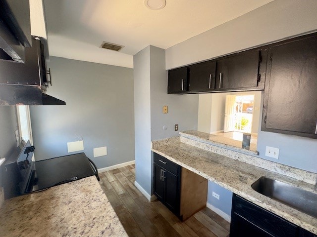 kitchen with wood-type flooring and light stone countertops