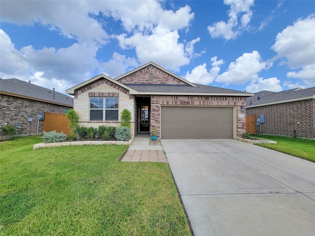 ranch-style house featuring a garage and a front yard