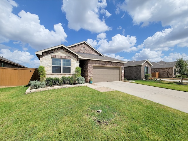 single story home with a garage and a front yard