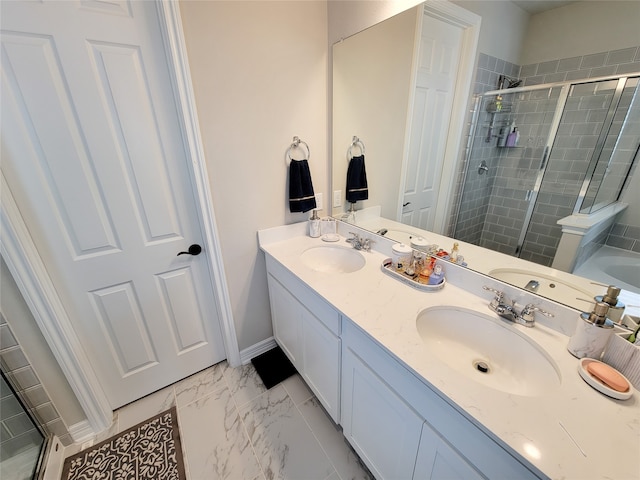 bathroom with vanity, tile patterned flooring, and a shower with shower door