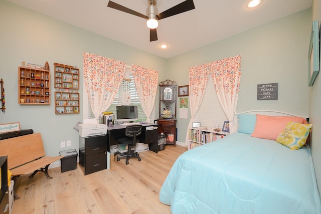 bedroom featuring recessed lighting, ceiling fan, and wood finished floors