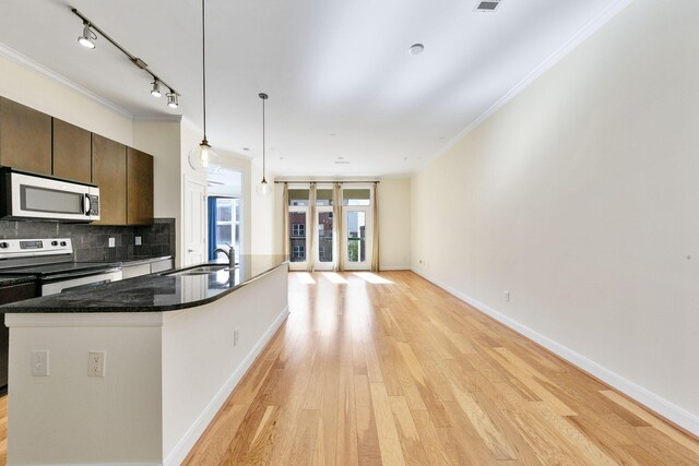 kitchen with backsplash, stainless steel appliances, light hardwood / wood-style flooring, dark brown cabinets, and sink