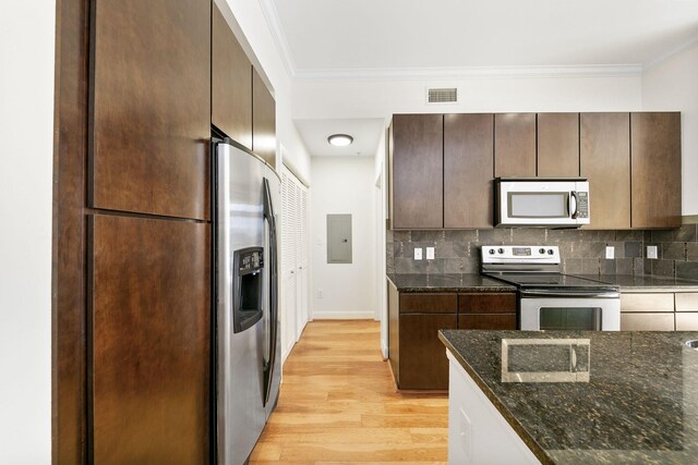 kitchen with backsplash, stainless steel appliances, electric panel, light wood-type flooring, and dark stone countertops