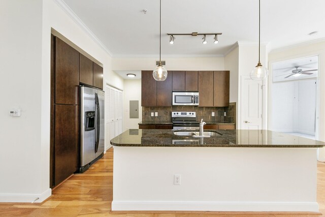 kitchen with ceiling fan, stainless steel appliances, light hardwood / wood-style floors, and dark brown cabinets