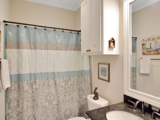 bathroom featuring toilet, vanity, and a shower with curtain