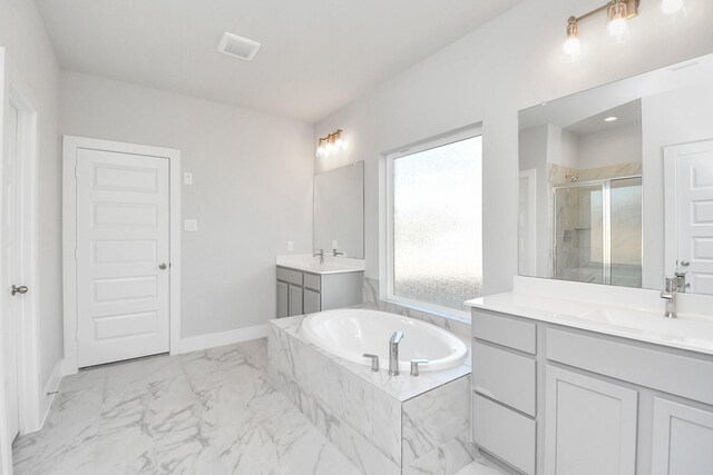 bathroom with plus walk in shower and vanity