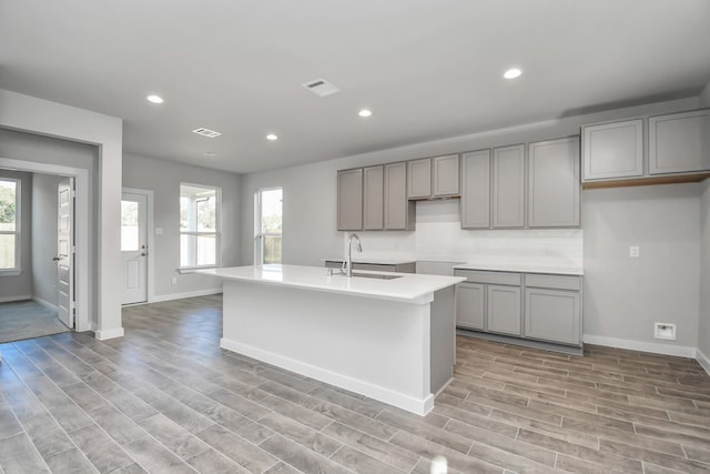 kitchen featuring plenty of natural light, sink, and an island with sink