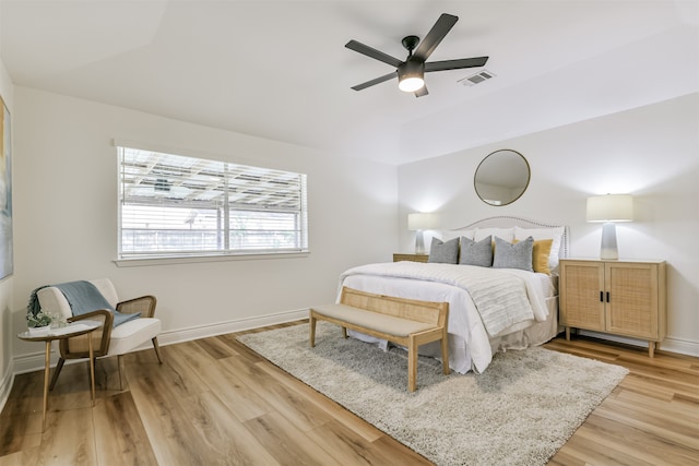 bedroom featuring ceiling fan and light hardwood / wood-style floors