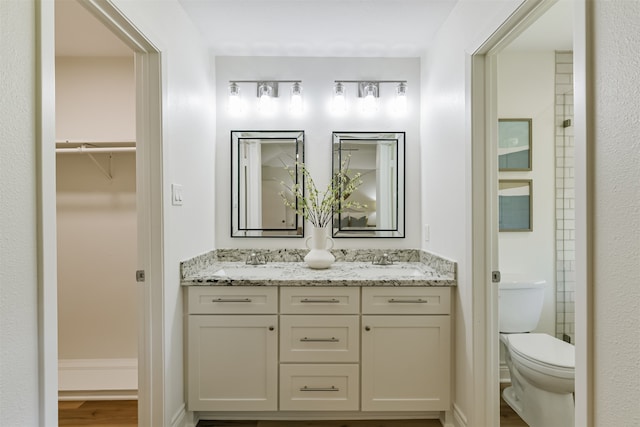 bathroom with toilet, hardwood / wood-style floors, and vanity