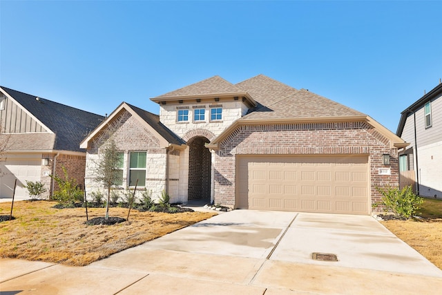 view of front facade with brick siding, a shingled roof, a garage, stone siding, and driveway