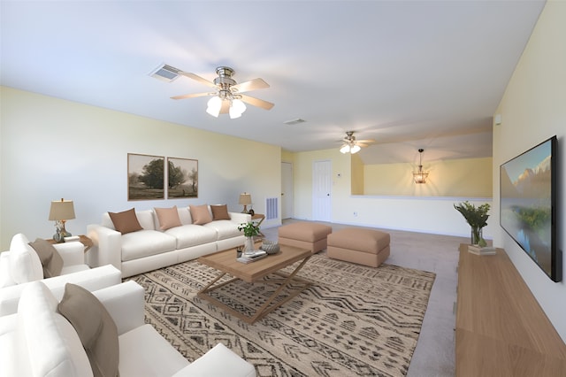 carpeted living room with ceiling fan