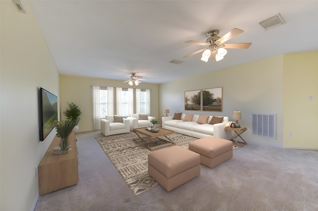 living room featuring light colored carpet and ceiling fan