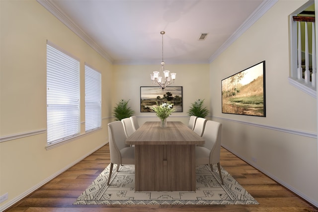 dining space featuring dark wood-type flooring, crown molding, and a notable chandelier