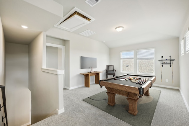 rec room with billiards, plenty of natural light, lofted ceiling, and light colored carpet