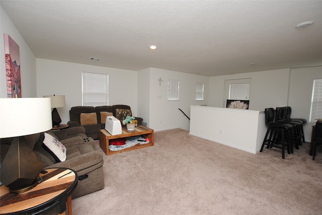 carpeted living room with a textured ceiling