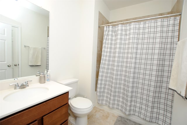 full bathroom featuring vanity, toilet, shower / tub combo with curtain, and tile patterned floors