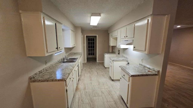 kitchen featuring a sink, light wood finished floors, a textured ceiling, ventilation hood, and separate washer and dryer