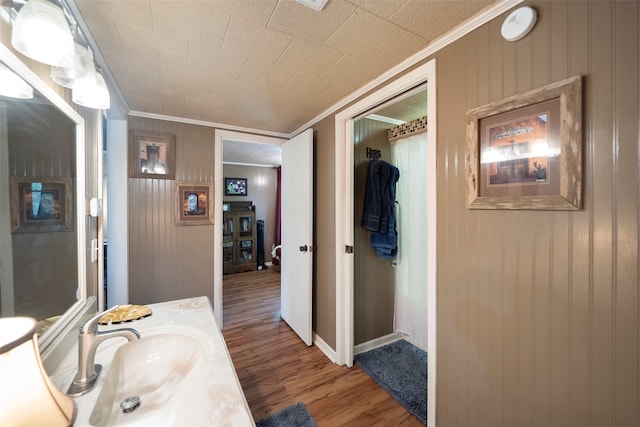 bathroom featuring vanity, hardwood / wood-style floors, and ornamental molding