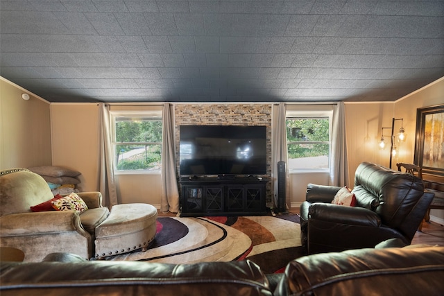 living room with a healthy amount of sunlight and ornamental molding