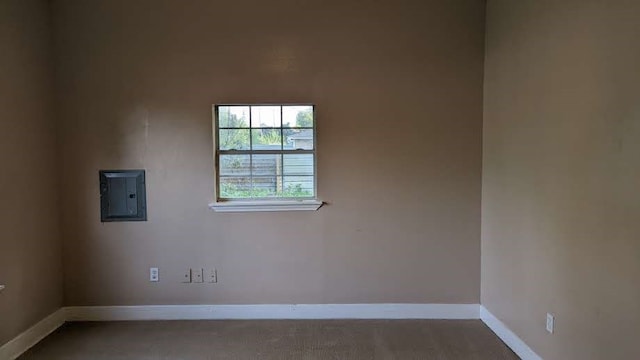 spare room with carpet flooring and electric panel