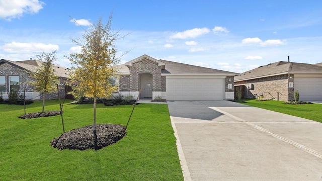 single story home featuring a front lawn and a garage