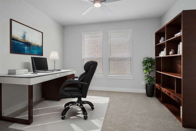 carpeted office with ceiling fan