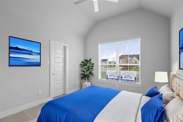 bedroom with lofted ceiling, carpet flooring, and ceiling fan