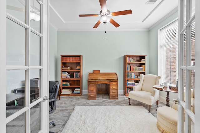 office space with light tile patterned floors, ceiling fan, ornamental molding, and french doors