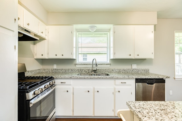 kitchen with stainless steel dishwasher, sink, plenty of natural light, and gas range oven