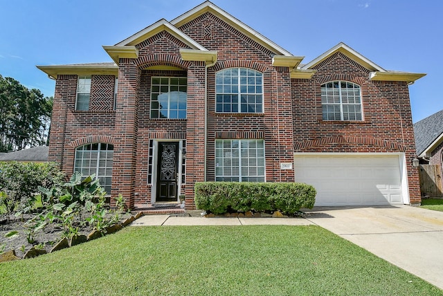 traditional-style home featuring a garage, concrete driveway, brick siding, and a front lawn